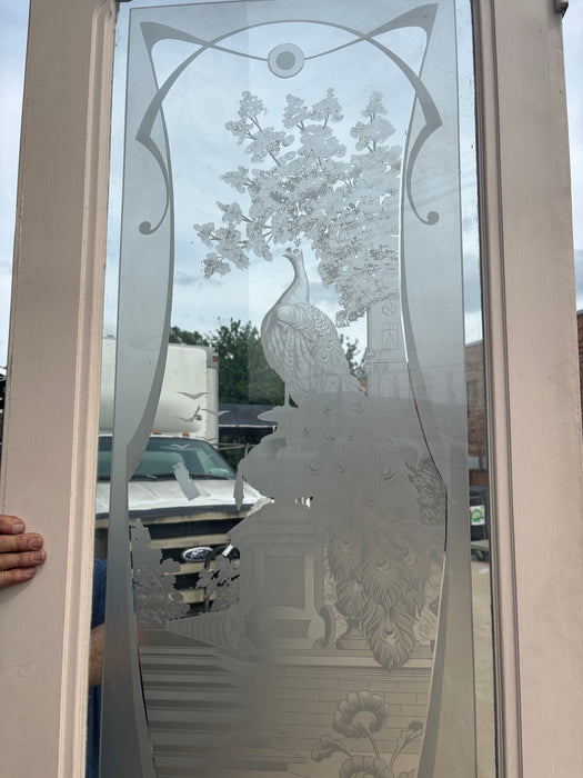 PAIR OF PAINTED AND ETCHED PEACOCK DOORS