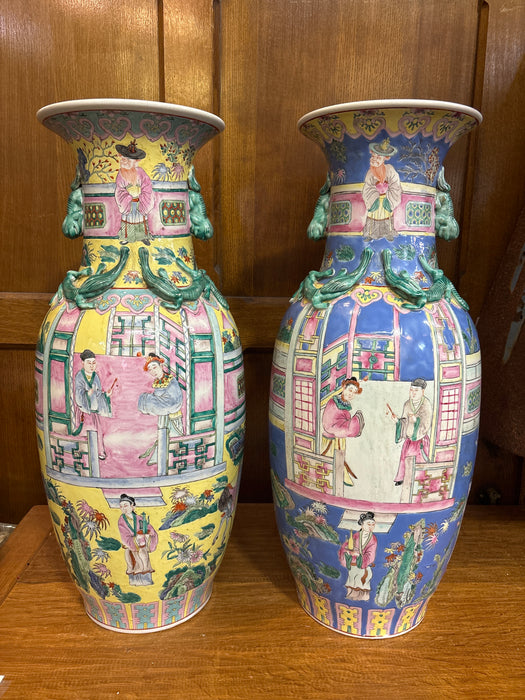 PAIR OF FLOOR SIZE CHINESE ROSE FAMILLE VASES WITH FOO DOG HANDLES ONE AS FOUND