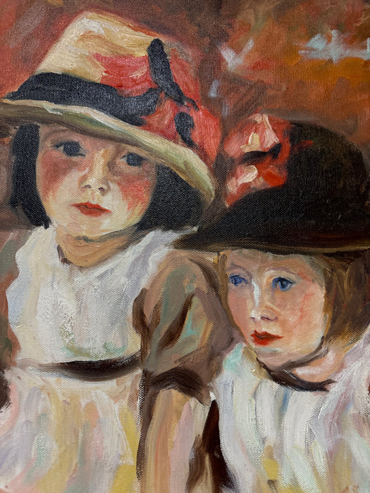 BROWN FRAMED IMPRESSIONIST PAINTING OF 2 GIRLS WITH LINEN FILET - SIGNED LEATHE