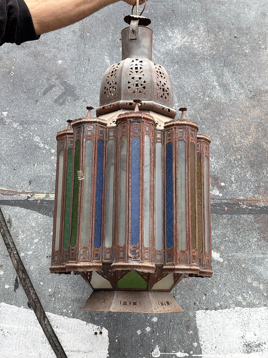 TIN LANTERN WITH GREEN AND BLUE GLASS