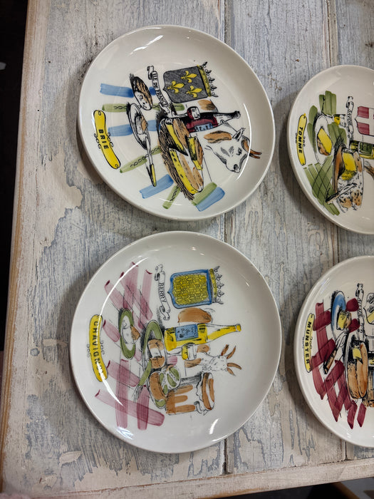GIEN FRANCE SET OF 6 MIDCENTURY CHEESE AND WINE PLATES IN BOX