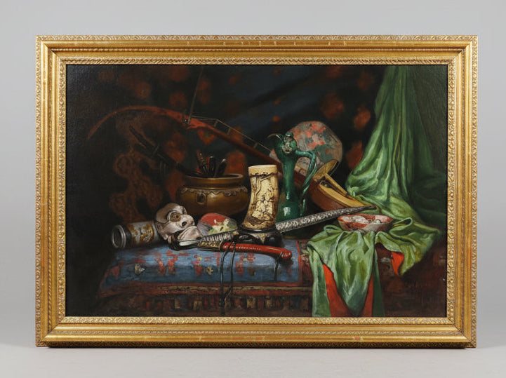 AS FOUND LARGE GILT FRAMED TABLE TOP STILL LIFE OIL PAINTING JULES PAUL ERNEST HEDOU