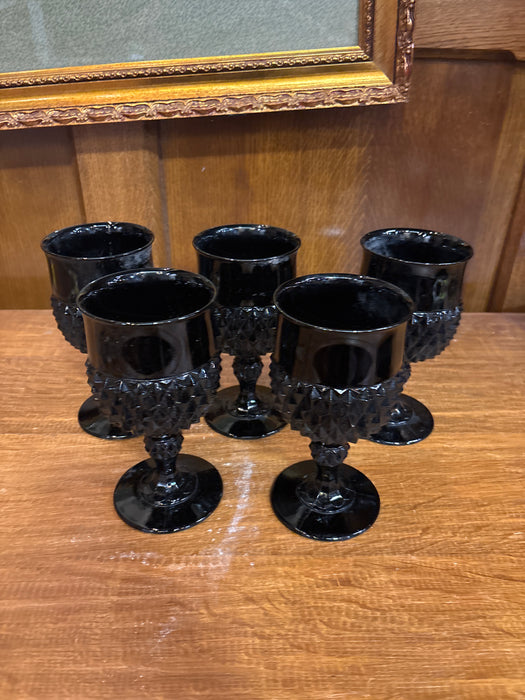 SET OF 5 INDIAN BLACK AMYTHYST GLASS FOOTED GOBLETS