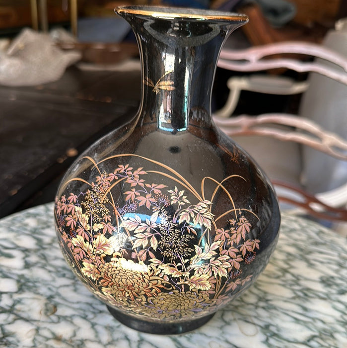 JAPANESE BLACK AND GOLD FLORAL FLARED VASE