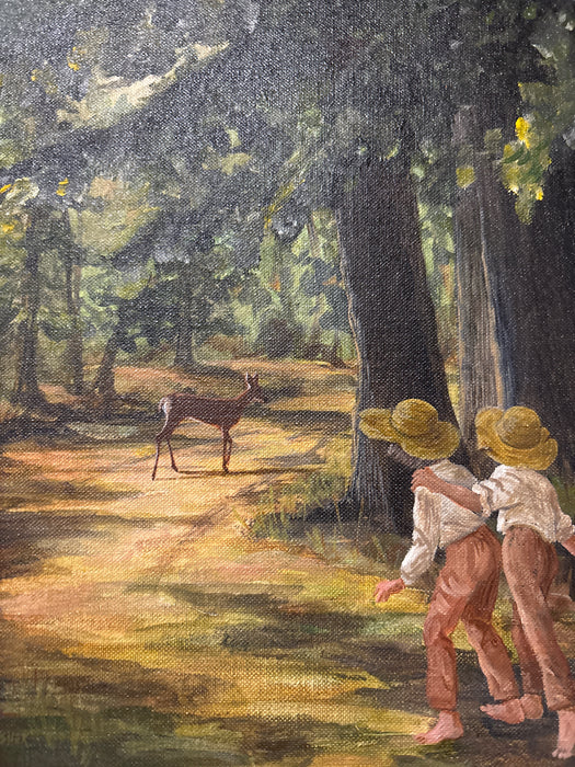 SMALL OIL PAINTING OF BOYS AND DEER ON A DIRT ROAD