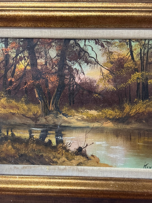 BROWN FILET FRAMED AUTUMN FOREST AT DUSK SCENE WITH RIVER