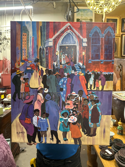 GATHERING OF PEOPLE GOING TO CHURCH GICLEE BY AFRICAN ARTIST MARSHE BANKS