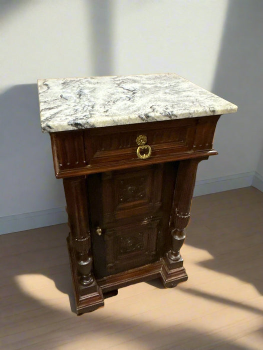 PAIR OF 19TH CENTURY TALL OAK  MARBLE TOP NIGHT STANDS