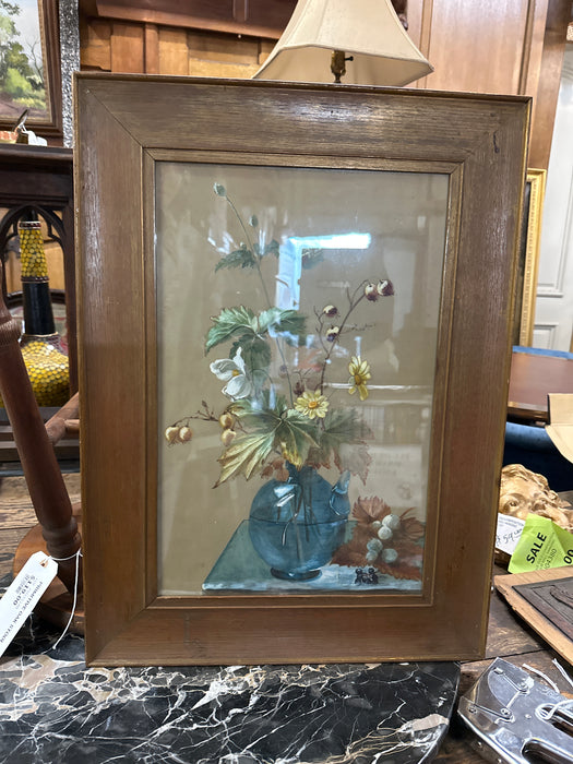 WOOD FRAMED PAINTING WITH BLUE GLASS OF A FLORAL STILL LIFE