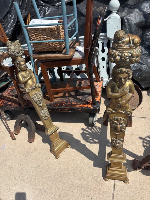 PAIR OF TALL CAST BRASS KING AND QUEEN ANDIRONS