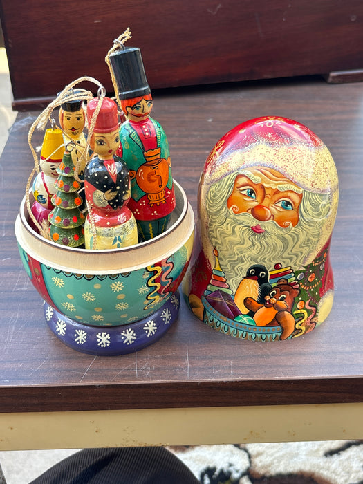 SANTA RUSSIAN NESTING DOLL COVER WITH CHRISTMAS ORNAMENTS INSIDE