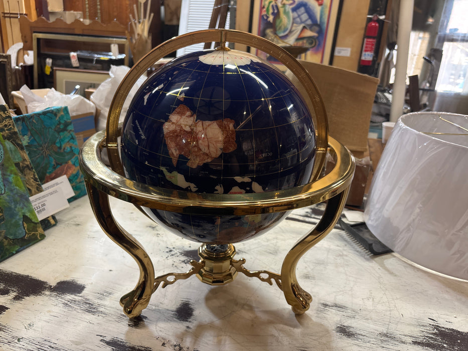 COLORFUL STONE WORLD GLOBE WITH BRASS STAND