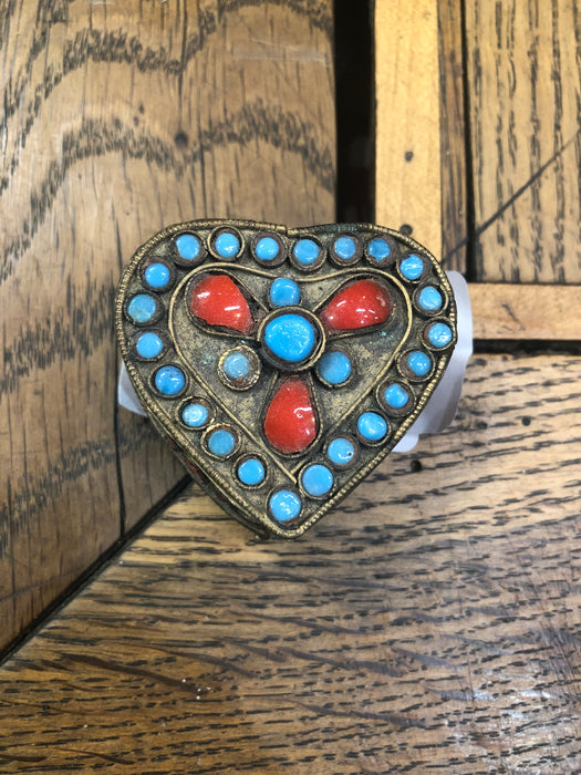 TURQUOISE TIBETAN HEART SHAPED BEADED PILL BOX