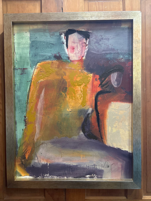 LARGE FRAMED ABSTRACT MODERN PAINTING OF WOMAN - SIGNED