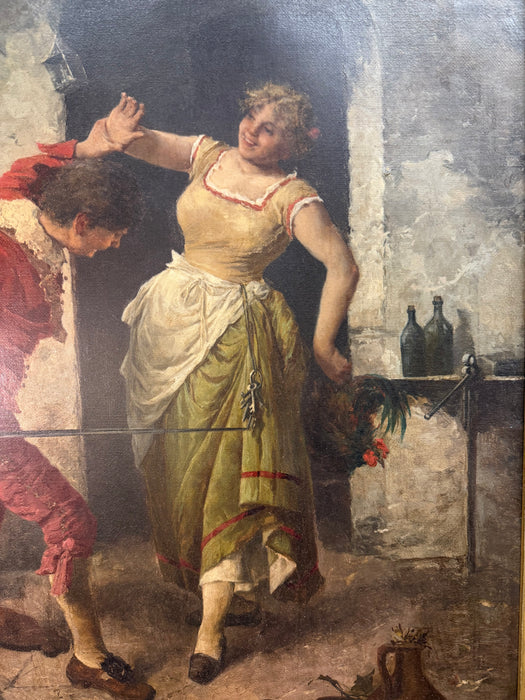 LARGE FRAMED OIL PAINTING OF A  17TH CENTURY SCENCE WITH COURTING COUPLE FROLICKING