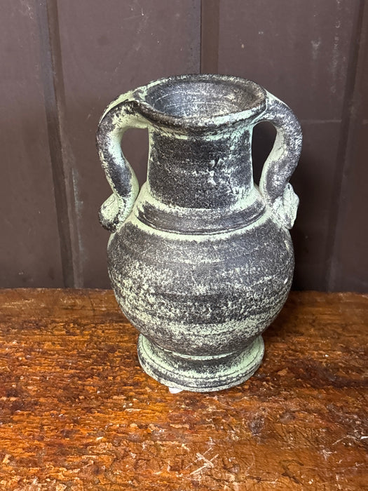 GREEN AND BLACK DISTRESSED JARDINIERE WITH HANDLES