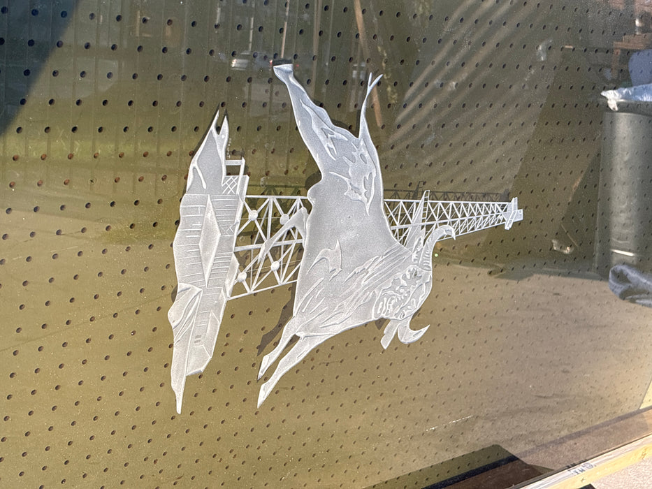 HUGE PIECE OF GLASS WITH BULL AND OIL DERRECK