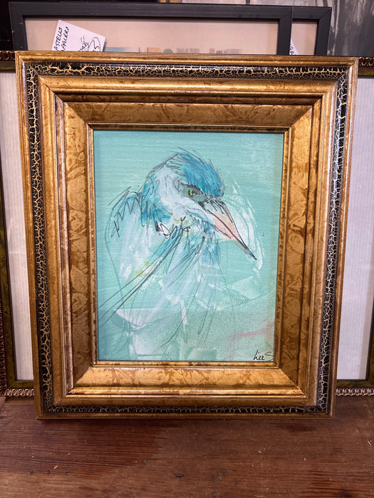 BLACK CRACKLE GOLD FRAMED PAINTING OF BLUE BIRD - SIGNED LEE S