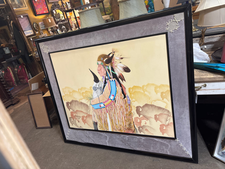HUGE BLACK FRAMED OIL PAINTING ON CANVAS OF INDIAN WITH BUFFALO