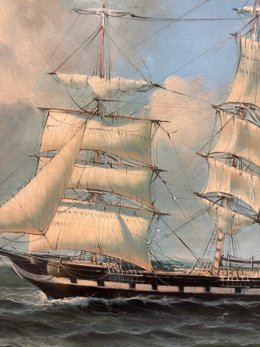 GOLD FRAMED SEASCAPE OIL PAINTING OF AMERICAN CLIPPER SHIP - SIGNED ROBERT SANDERS