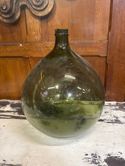 LARGE ROUND GREEN HAND BLOWN WINE BOTTLE