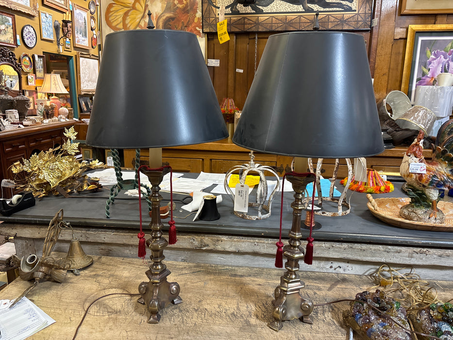 PAIR OF BRASS TABLE LAMPS WITH BLACK SHADES