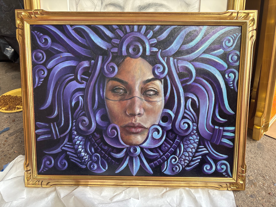 STRIKING PORTRAIT WITH BRIGHT PURPLE BACKGROUND WITH BY DENISE AMAYA
