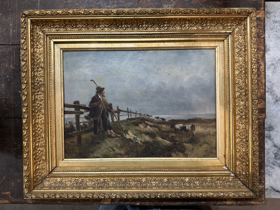 SMALL SHEPHERD PAINTING IN GILT FRAME