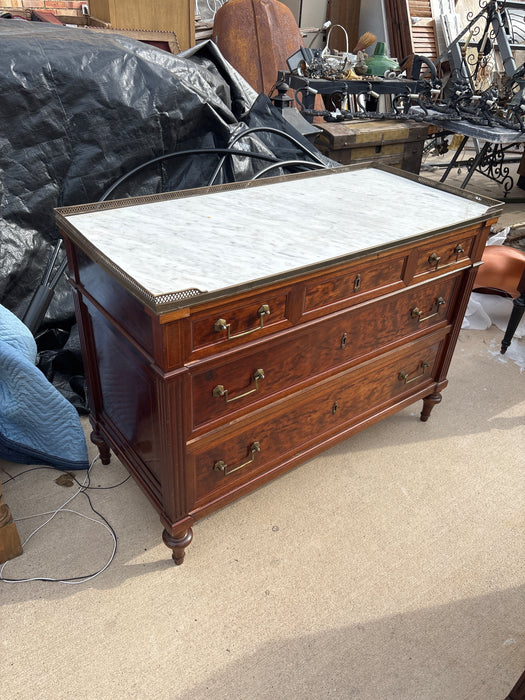 LOUIS XVI WHITE MARBLE TOP 3 DRAWER MAHOGANY CHEST WITH BRASS GALLERY RAIL - AS FOUND MARBLE