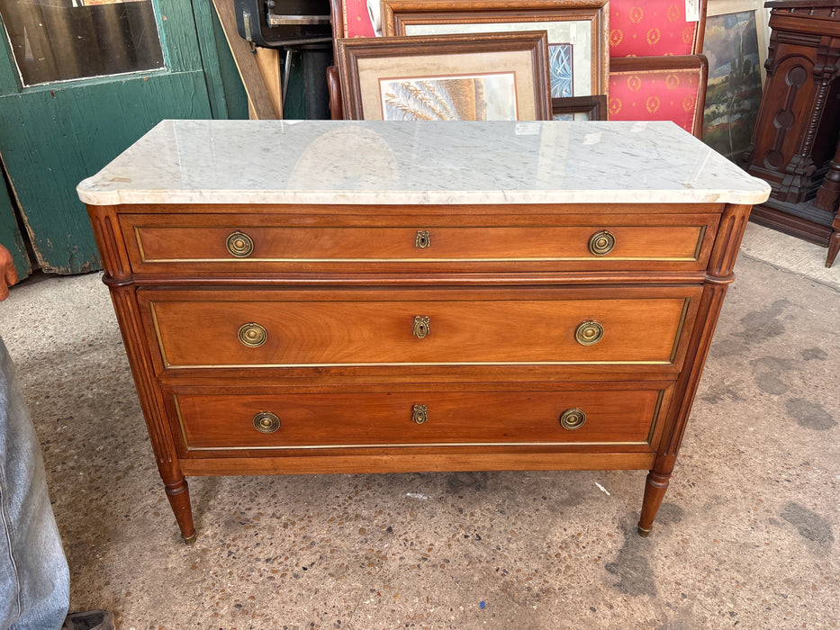 LOUIS XVI 3 DRAWER WHITE MARBLE TOP MAHOGANY CHEST