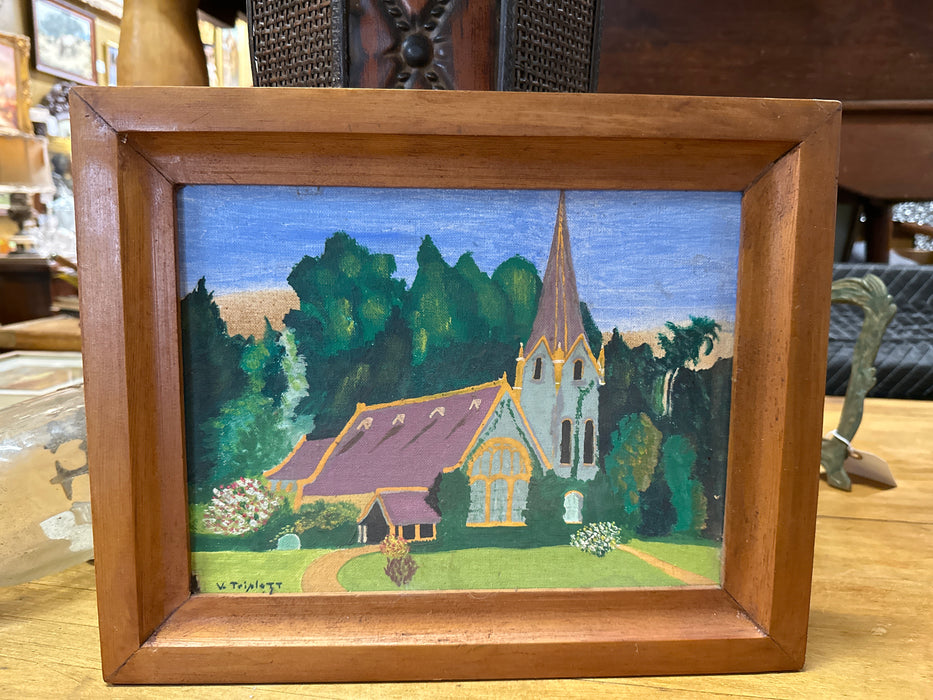 SMALL FRAMED OIL OAINTING OF A CHURCH