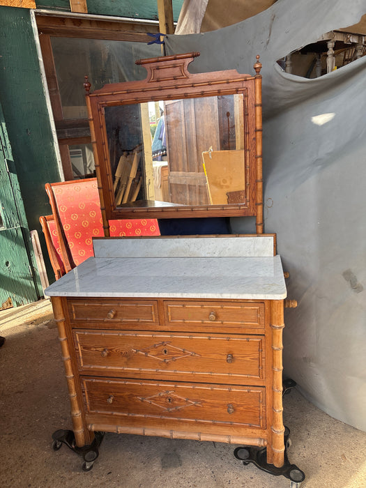 FAUX BAMBOO PINE MARBLE TOP DRESSER WITH MIRROR