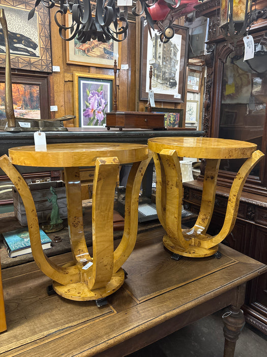 PAIR OF ROUND ART DECO BURL WOOD SIDE TABLES