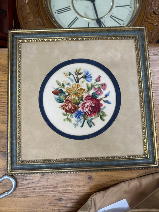 SMALL ROUND FLORAL NEEDLEPOINT IN SQUARE FRAME