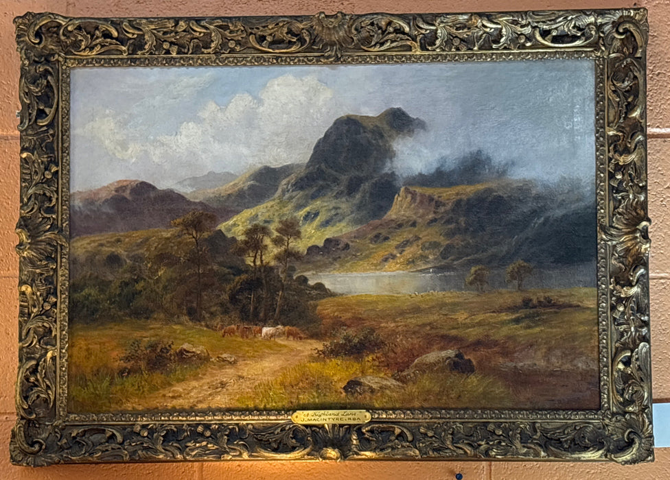 LARGE FRAMED ENGLISH LANDSCAPE WITH TREES OIL PAINTING  "A HIGHLAND LANE" - J. MACINTYRE. RBA