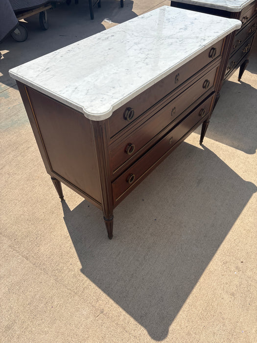 LOUIS XVI HAND DOVETAILED 3 DRAWER WHITE MARBLE TOP CHEST WITH RING PULLS