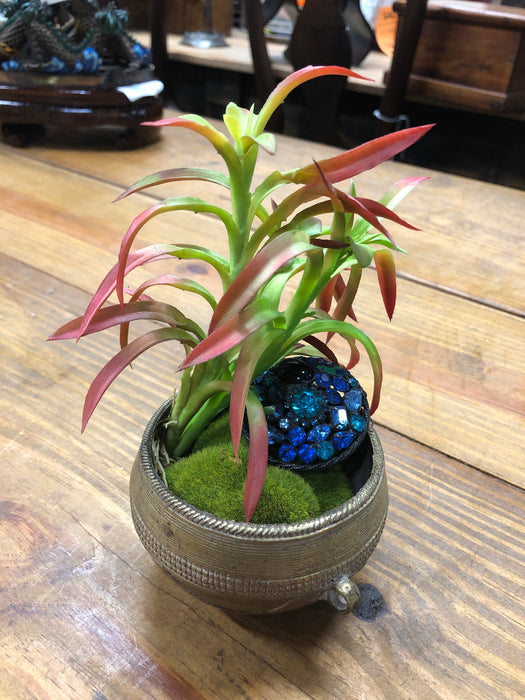 FAUX PLANT IN TINY BRASS POT WITH JEWELED BROACH