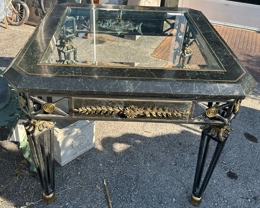 AS FOUND CORNER MAITLAND SMITH METAL AND MARBLE WITH GLASS SIDE TABLE