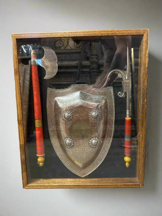 FRAMED INDIAN SHIELD AND WEAPONS