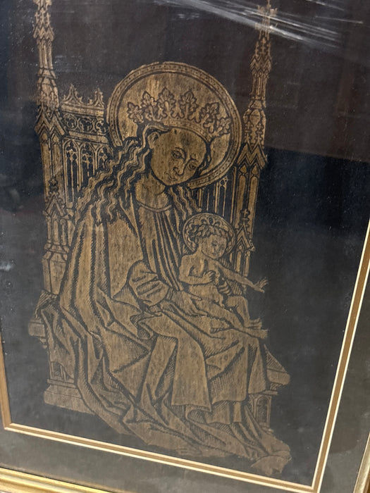 BROWN FRAMED PRINT OF ENGLISH RUBBING WITH DARK BROWN FILET