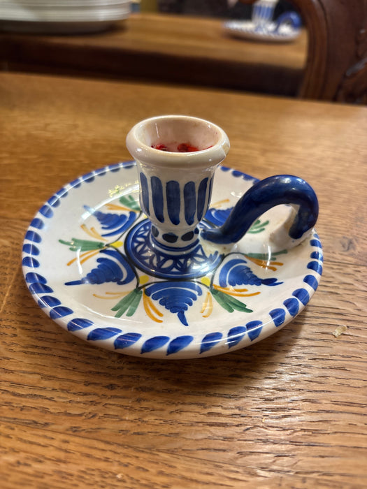 BLUE AND WHITE POTTERY GLAZED CANDLE HOLDER