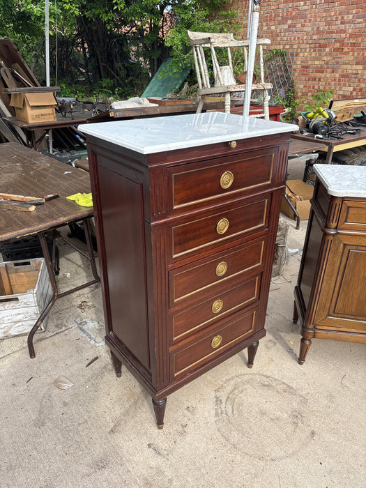 TALL LOUIS XVI SMALL WHITE MARBLE TOP 5 DRAWER MAHOGANY CHEST