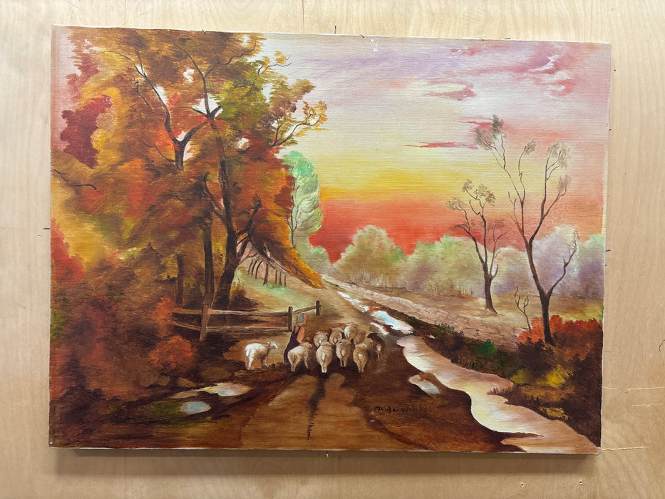 BROWN FRAMED AUTUMN SUNSET OIL PAINTING OF SHEPARD AND SHEEP WALKING A FENCED PATH - SIGNED MAUDE WILLIS
