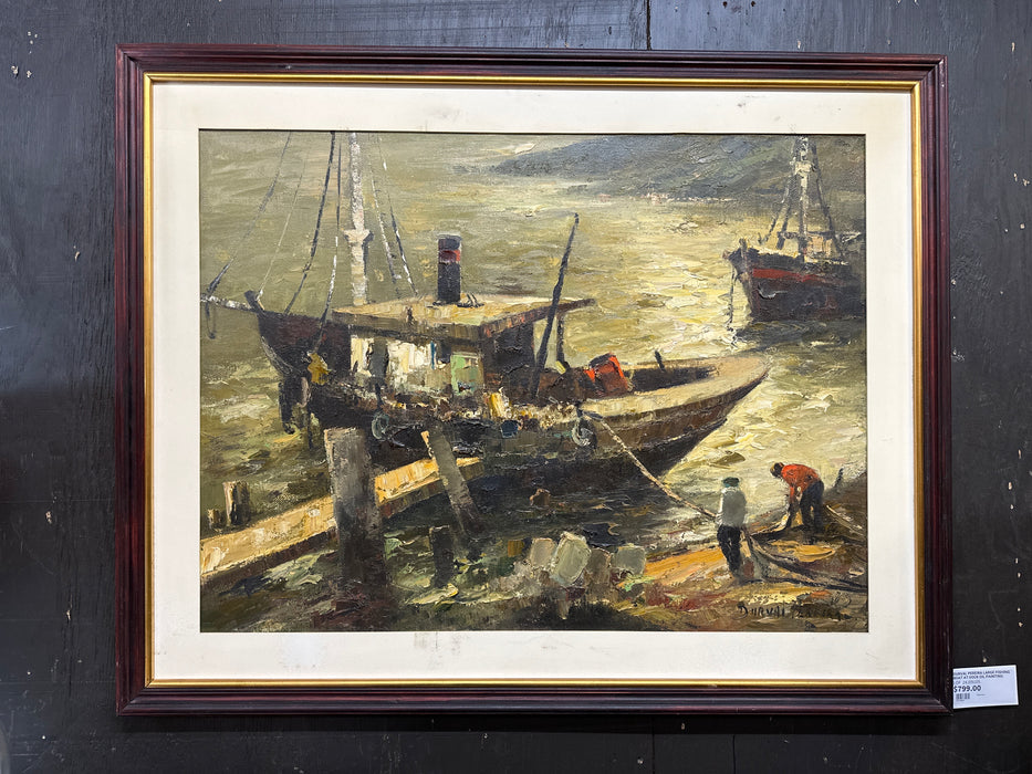 DURVAL PEREIRA LARGE FISHING BOAT AT DOCK OIL PAINTING