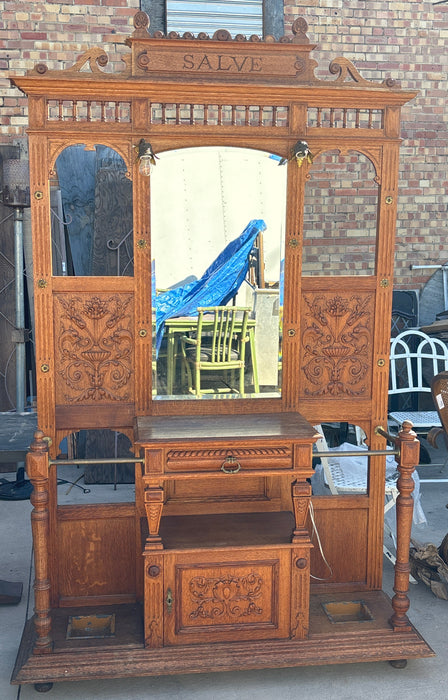 LARGE ORNATE FRENCH OAK HALL TREE WITH "SALVE" PEDIMENT