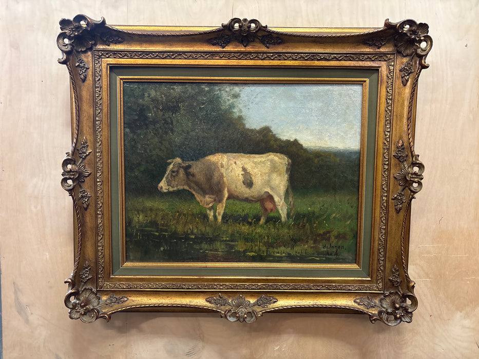 SMALL ORNATE GILT FRAMED OIL PAINTING OF COW - SIGNED HENDRIKUS ALEXANDER VAN INGEN