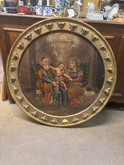 ROUND CHERUB FRAMED 18TH CENTURY OIL PAINTING OF HOLY FAMILY