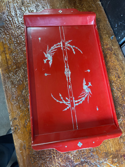 CHINESE RED LAQUER TRAY WITH MOTHER OF PEARL INLAY - AS FOUND