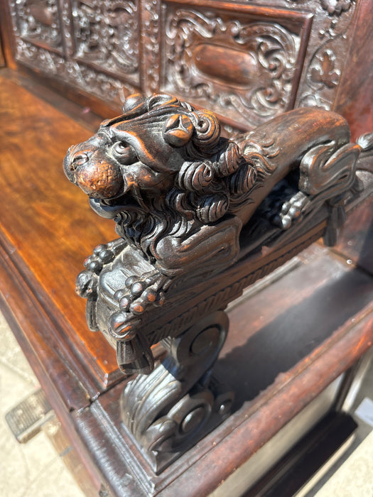 LONG CARVED LION ARM BENCH WITH FLIP TOP