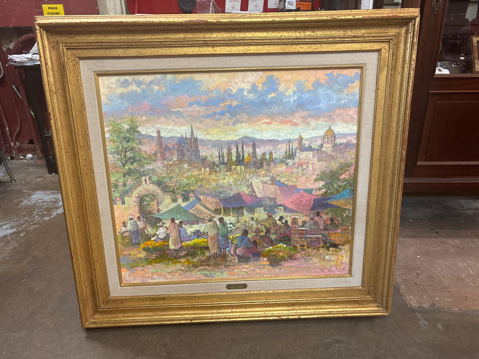 LARGE GOLD FRAMED COLORFUL STREET MARKET SCENE OIL PAINTING - SIGNED ALBERTO VASQUES NAVARRETE